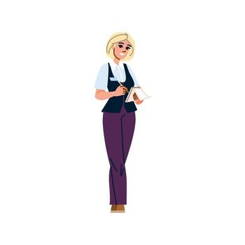 Smiling waitress taking notes on notepad, wearing uniform and holding pen vector