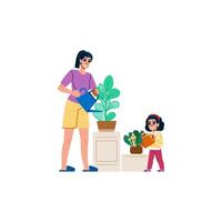 madre y hija riego plantas, disfrutando jardinería juntos vector