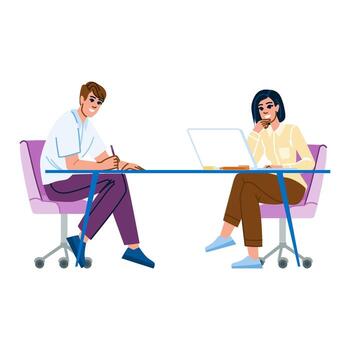 Office workers collaborating on project at desk, using laptop and taking notes vector