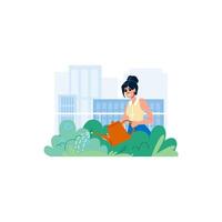 mujer riego plantas en techo jardín con ciudad ver vector