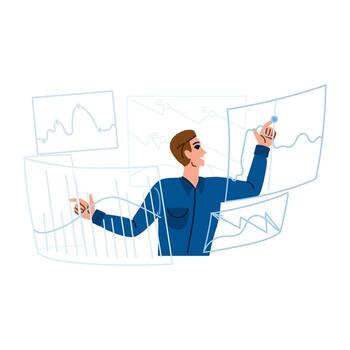 Businessman analyzing data on virtual screens, exploring trends and insights vector