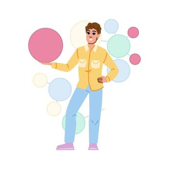 Young man showing a big pink round icon with molecule network background vector