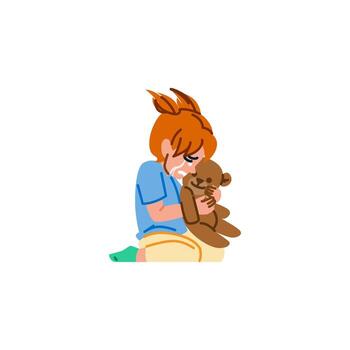 Sad child hugging teddy bear while crying vector