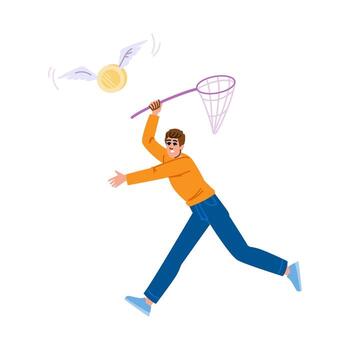 Man trying to catch flying coin with butterfly net representing difficult financial goal vector
