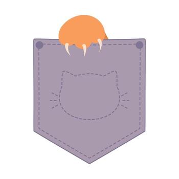 Cat paw with sharp claws sticking out of a pocket. Ginger cat paw in a jeans pocket decorated with a cat outline vector
