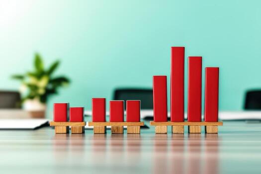 Red bar graphs on wooden stands represent financial growth photo