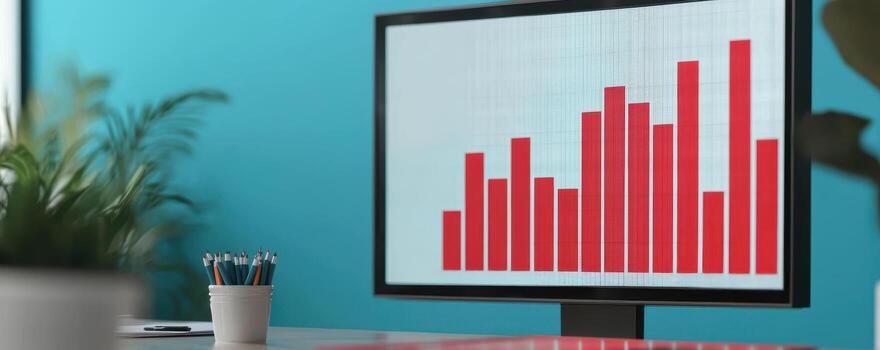 rojo bar grafico desplegado en monitor en moderno oficina foto