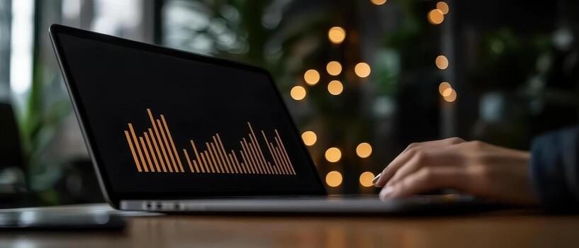 Data analysis on laptop with glowing bar graph and bokeh lights photo