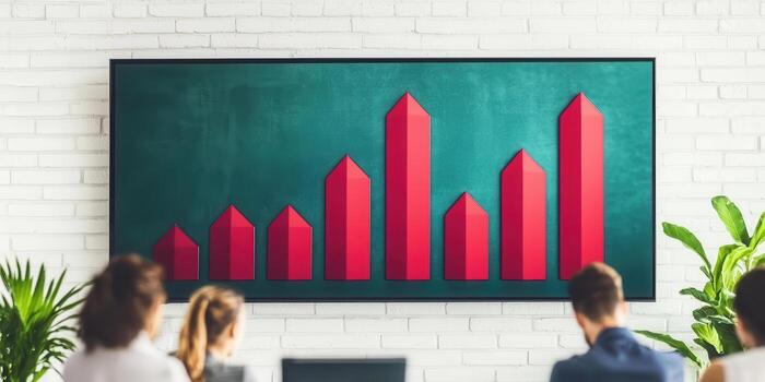 Analyzing red bar graphs on screen in meeting room photo