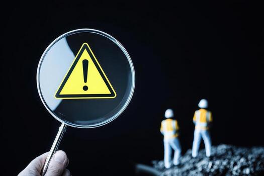 Notification error and risk concept, High definition close up of magnified caution sign photo