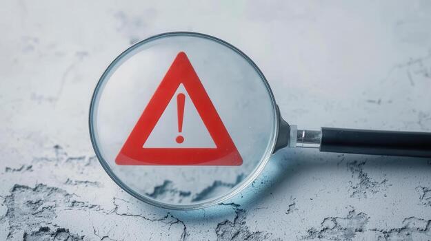 Notification error and risk concept Caution warning triangle magnified by magnifying glass photo