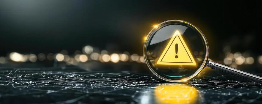 Notification error and risk concept, Warning sign magnified by glass lens, glowing in darkness photo