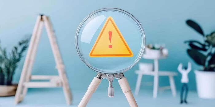 Notification error and risk concept, Close up view of yellow caution sign under magnification photo