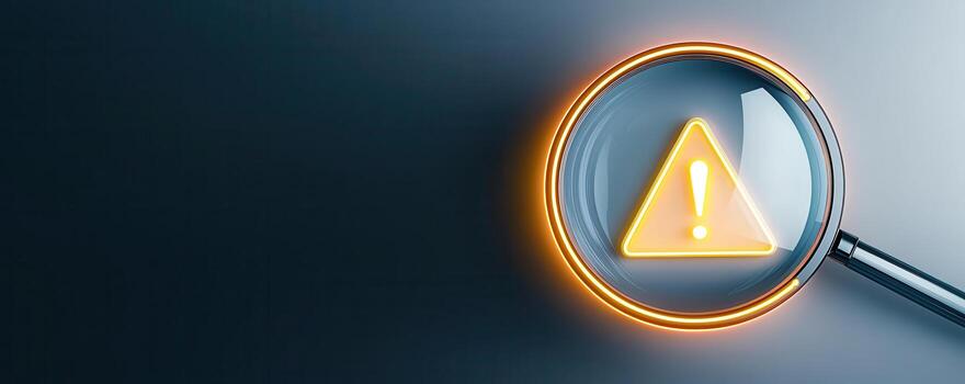 Notification error and risk concept, Warning symbol under magnifying glass, highlighting caution photo