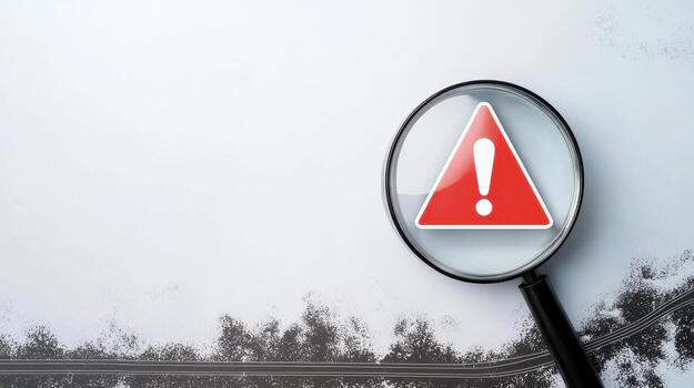 Caution warning triangle magnified by magnifying glass photo