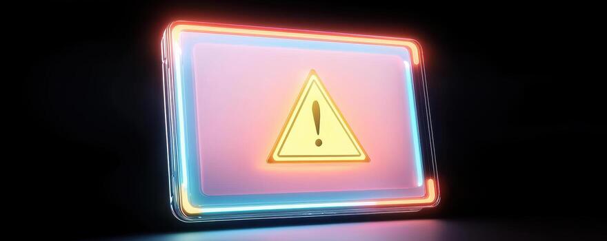 Notification error and risk concept, Caution triangle glowing in neon colors on dark background photo
