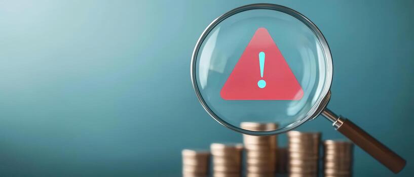 Notification error and risk concept, Warning triangle magnified over coins, indicating caution photo