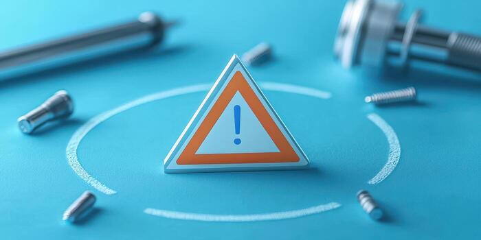 Notification error and risk concept, Warning triangle with screws and tools on blue background photo
