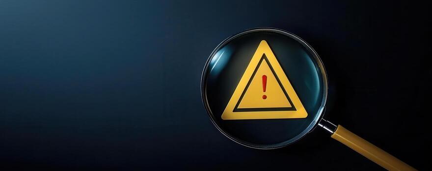 Notification error and risk concept, Magnifying glass focusing on yellow warning triangle symbol photo