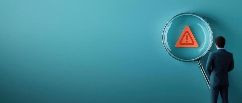 Notification error and risk concept, Focused image of warning triangle under magnifying glass photo