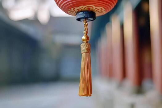 Close up of ornate red lantern with golden tassel photo