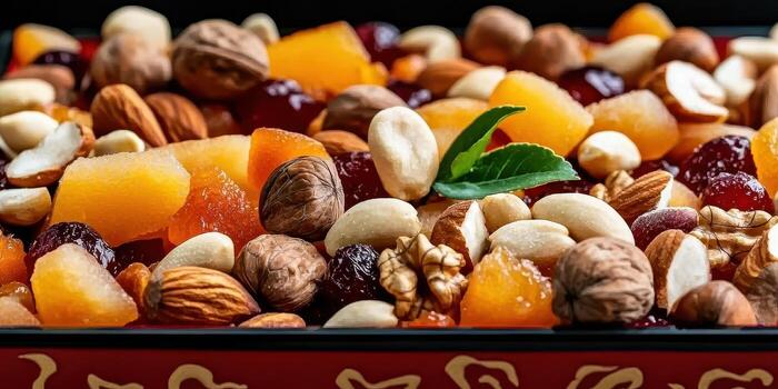 Candied fruit and mixed nuts in decorative red lacquer box with fresh green leaf photo