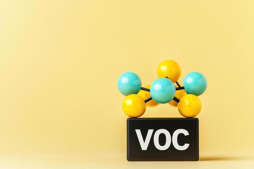 Artistic representation of VOC molecule model on yellow background , volatile organic compounds photo