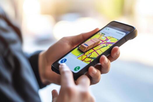 Hand holding smartphone with delivery tracking app showing package on map photo