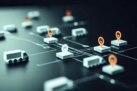 Digital hologram of delivery route with location pins showing logistics network photo