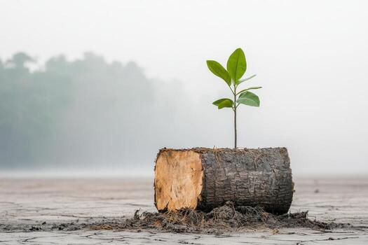 deforested area with small tree sprouting, Ecosystem impact of deforestation concept photo