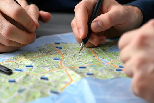 Group of professionals planning routes on digital map with pins and pen for navigation photo