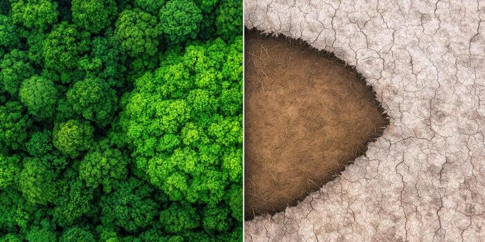 Lush forest and barren land contrast in this, Ecosystem impact of deforestation concept photo