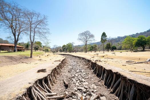 Dry riverbed with exposed roots and cut trees, Ecosystem impact of deforestation concept photo