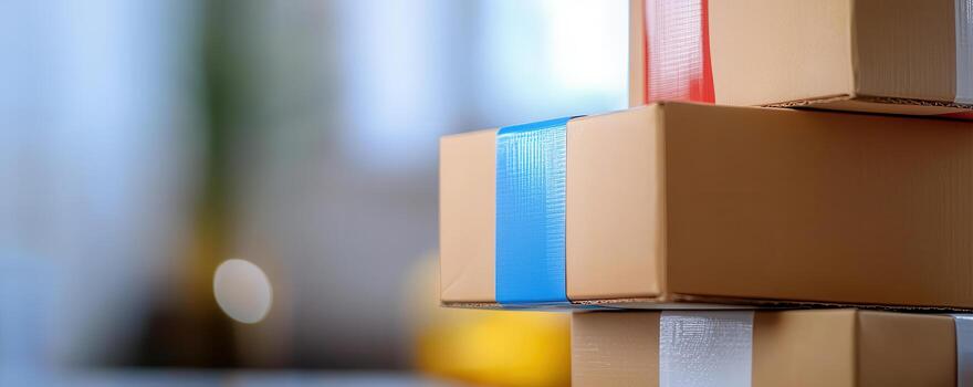 Stack of cardboard delivery boxes with colorful tape in bright blurred background photo