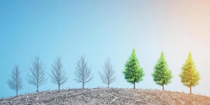 forest transforming from lush to barren, Ecosystem impact of deforestation concept photo