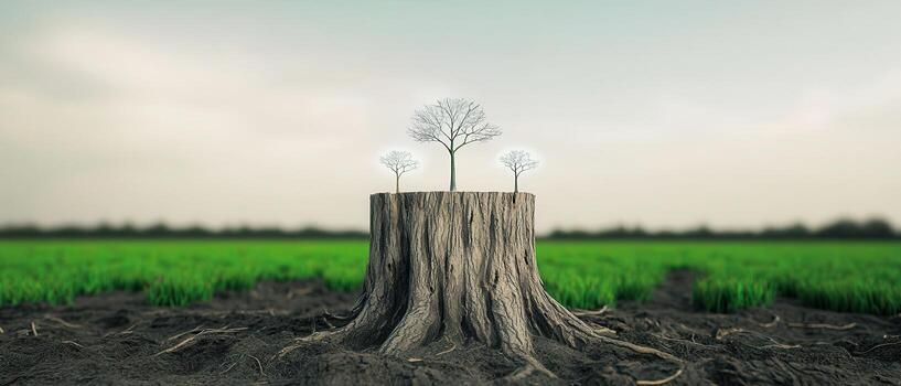 tree stump with fading ecosystem hologram above, Ecosystem impact of deforestation concept photo