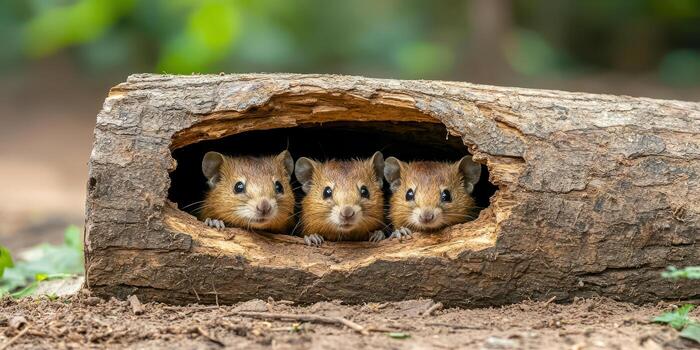 ahuecado árbol maletero con animales echar un vistazo fuera felizmente, ecosistema impacto de deforestación concepto foto