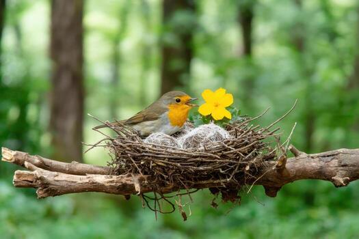Bird with orange chest sitting on nest with eggs and yellow flower on tree branch in forest photo