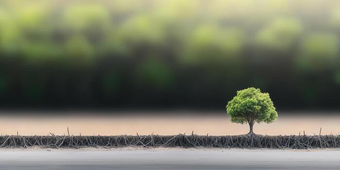 Vibrant green tree stands alone on sandy shore with exposed roots and blurred forest background photo