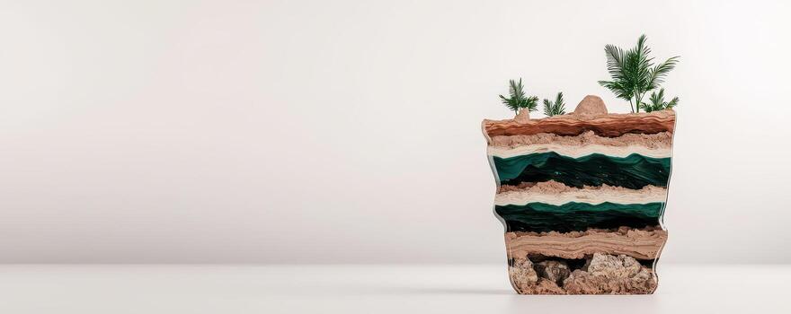 Layered sediment model with plants showcasing geological, Fossil fuels formation concept photo