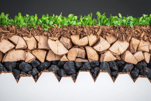 Coal vein with wood and green plants in soil layers, Fossil fuels formation concept photo