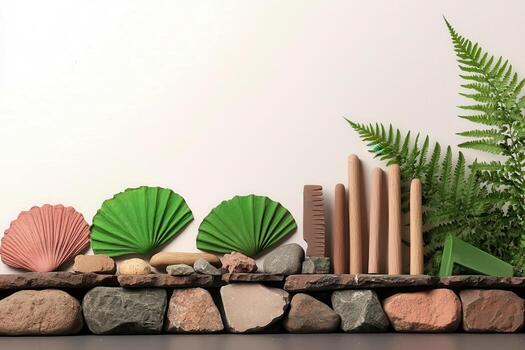 decorativo arreglo de piedras y verde hojas, fósil combustibles formación concepto foto