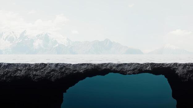 rocky cliff edge overlooking vast body of water and mountains, Fossil fuels formation concept photo