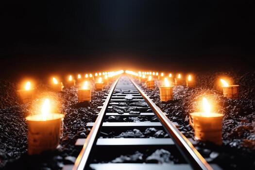 iluminado carbón mía con velas a lo largo ferrocarril pista, fósil combustibles formación concepto foto
