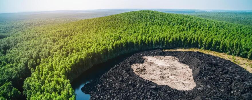 aéreo ver de carbón camas rodeado por lozano verde bosque, fósil combustibles formación concepto foto