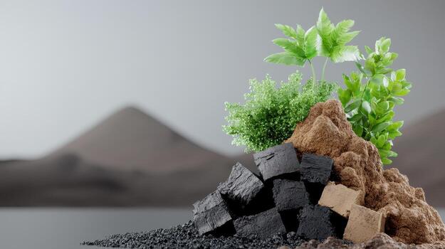 Unique visualization of peat compressing into lignite layers, Fossil fuels formation concept photo