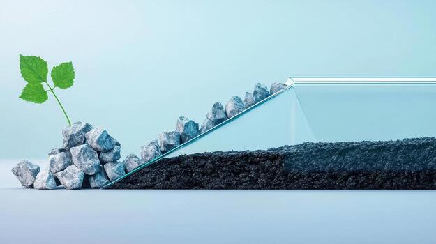 Peat compressing into lignite with plant growth and rocks, Fossil fuels formation concept photo