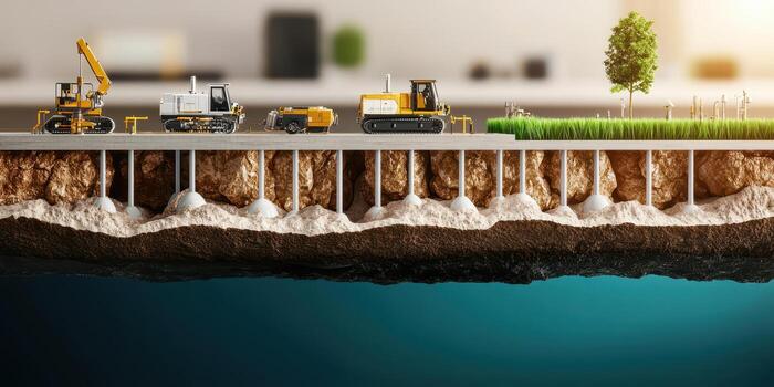 Construction machinery working layered ground with gas pockets, Fossil fuels formation concept photo