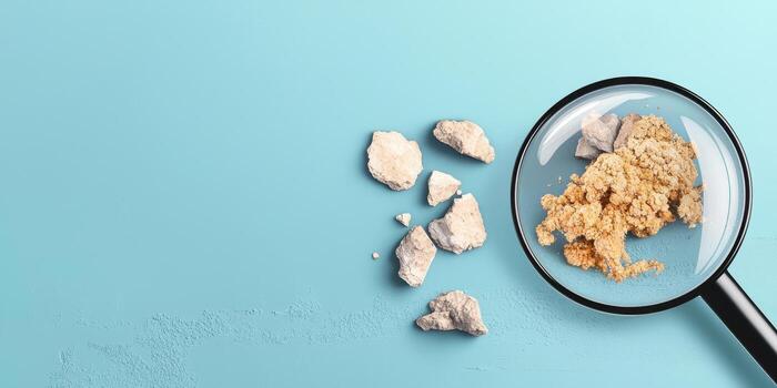 Magnified view of organic sediment on blue background, Fossil fuels formation concept photo