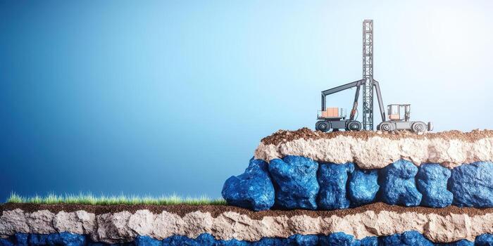 Drilling rig on layered rock with natural gas pockets visible, Fossil fuels formation concept photo